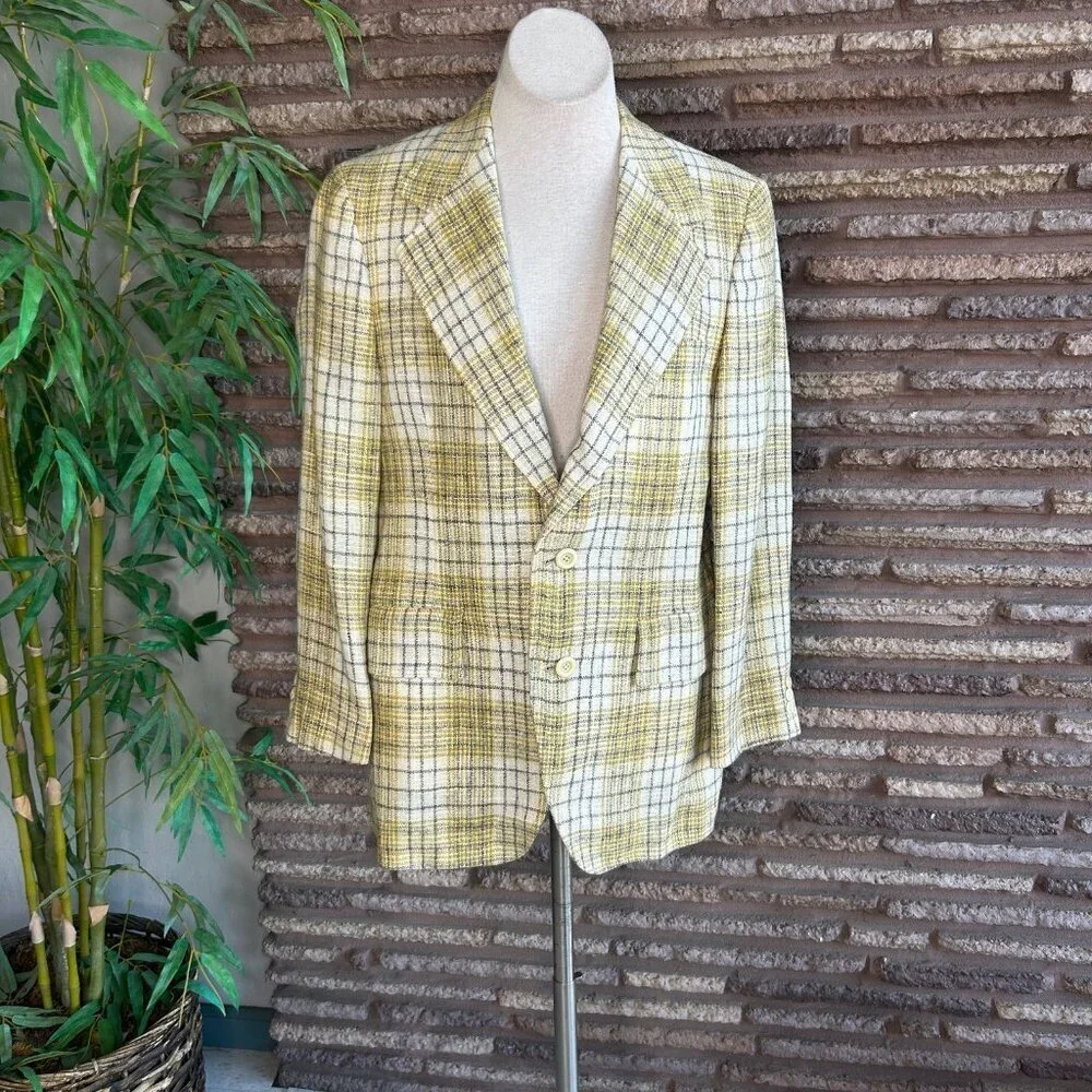Trojan Deluxe Vintage 80s Men’s Ivory Gold Plaid Sport Coat Blazer Size 38-40R
